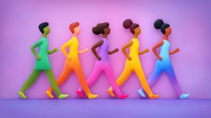 Obraz premium Colorful abstract figures in motion showcasing diversity and inclusion in a vibrant creative setting reflecting unity resilience and positive energy captured against a gradient background