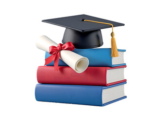 3D Graduation Cap, Diploma Scroll and Stack of Books for Education and University Success Concepts Isolated on Transparent Background