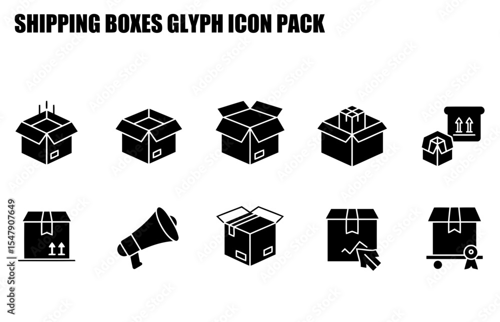 Poster shipping boxes glyph icon pack. collection of various shipping box actions/poses in a simple design.