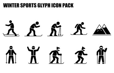 Winter sports glyph icons showing various skiers in action on snowy mountains