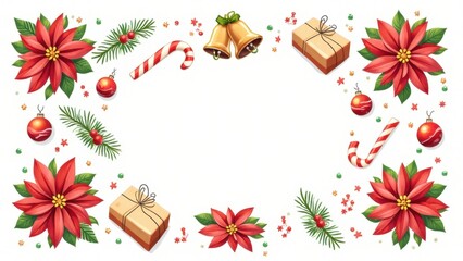 Christmas border design with poinsettias, candy canes, gifts, and bells