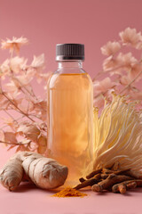 Adaptogenic tonic in a glass bottle, surrounded by mushrooms (reishi, lion&rsquo;s mane), turmeric root. Healthy drink