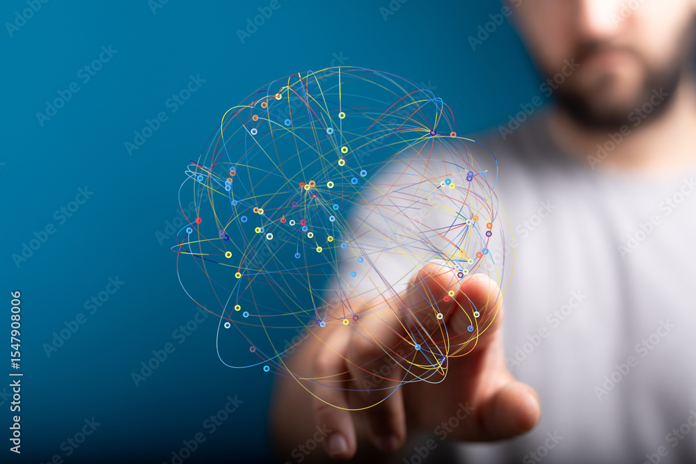 Poster A person interacts with a digital network, illustrating global connections and data visualization.