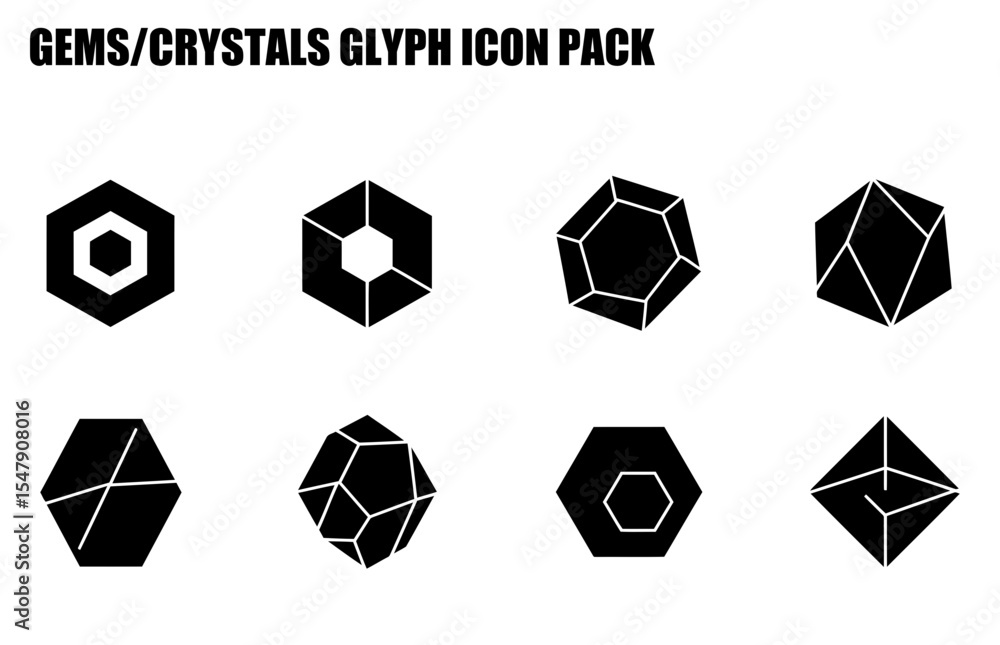 Poster gem/crystal glyph icon set displayed in a clean, modern design. simple shapes in a graphic design fo