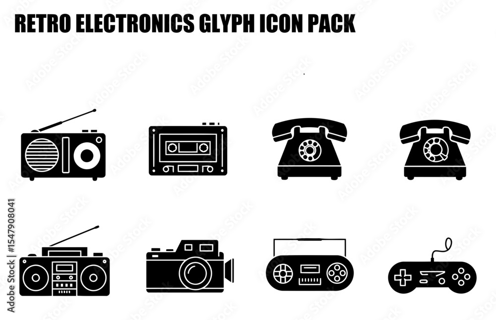 Poster retro electronics glyph icon pack showing various devices in a simple, stylized format.