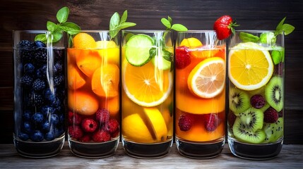 Fruit infused water, Detox water, Healthy drinks, Refreshing Fruit Infused Water in Glasses
