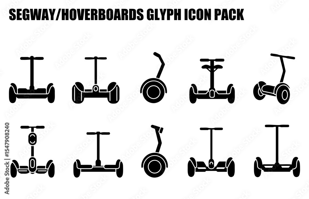 Poster segway/hoverboard glyph icons in various perspectives. simple, black and white illustrations of diff