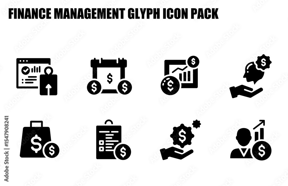 Poster finance management glyph icons displayed on a white background. a collection of simple, black and wh