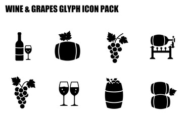 Wine and grapes glyph icons in a simple, modern design. Wine bottle, wine glasses, grape bunches, wine barrels, and winemaking equipment.