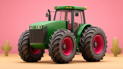 Obraz premium Colorful cartoon tractor against pink backdrop with vibrant cacti bringing whimsical charm to modern farming concepts and playful landscapes captured with clarity