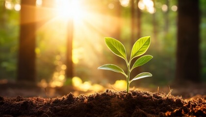 seedling sprout in soil sunlit forest backdrop