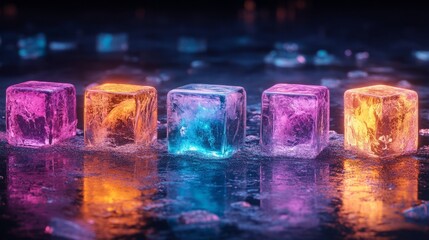 Abstract neon-colored ice cubes glowing on a reflective surface in a dark ambient setting.
