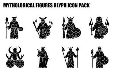Mythological figures in various historical costumes. Iconic figures holding weapons and shields in a white background.