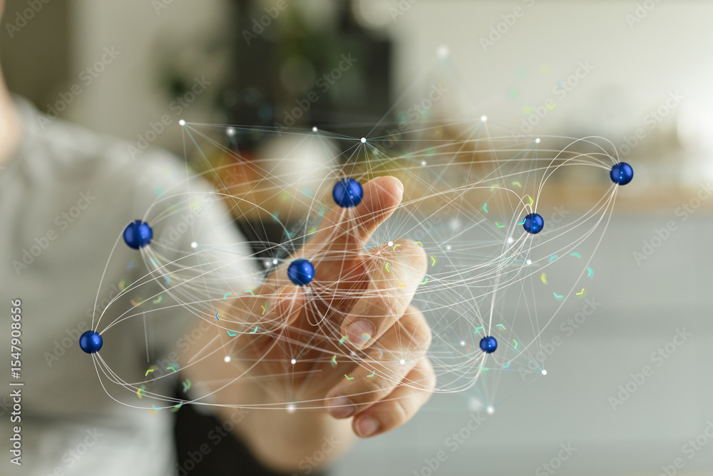 Aufkleber Abstract image depicting a hand interacting with a digital network. Represents connection, communication, and technology.
