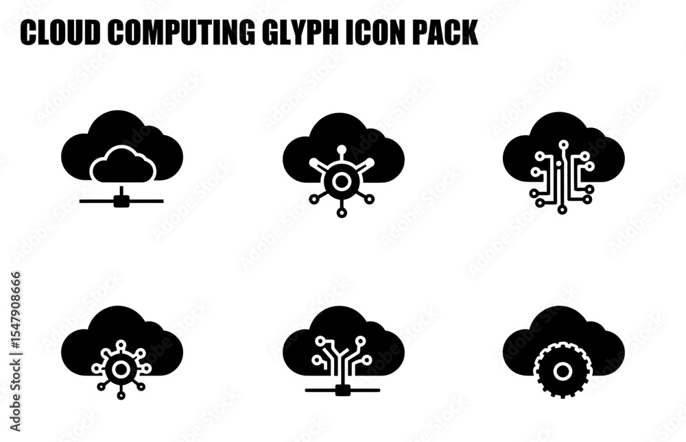 Poster cloud computing glyph icon pack featuring various cloud-based technology concepts. simple, modern ic