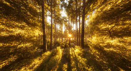Sunlit Forest Canopy: An inspiring shot of the sunlight filtering through the vibrant golden leaves of a dense forest, creating a beautiful natural tapestry of light and shadow. 