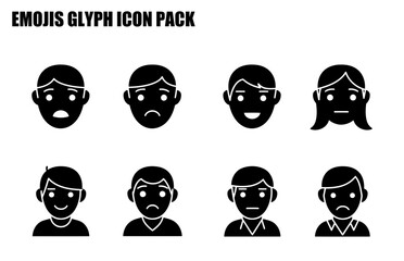 Emoji glyph icon pack depicting various emotions. Diverse male and female icons displaying different facial expressions against a plain white background.