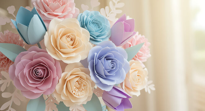 Paper Floral Bouquet: Delicate paper flowers in pastel hues, meticulously crafted to emulate roses and tulips, arranged in a stunning bouquet.