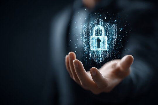 Vibrant photo of businessman holding a virtual shield with a lock icon and binary code on a dark background, a security system concept for a business or technology website.
