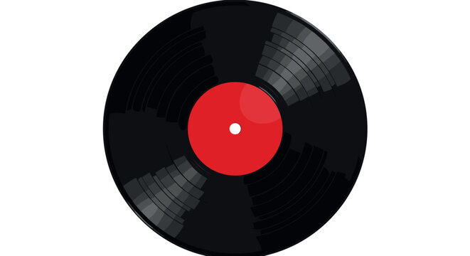 Classic vinyl record with red label and black grooves vector illustration