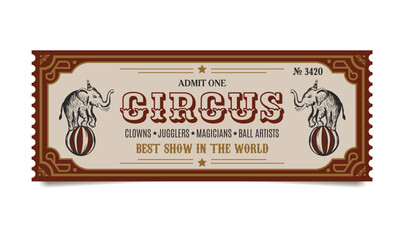 retro circus ticket template with elephants on a ball in red and yellow colors