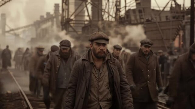 Workers leaving industrial factory after shift depicting labor exploitation during manufacturing industrial revolution with smoky urban background and period clothing