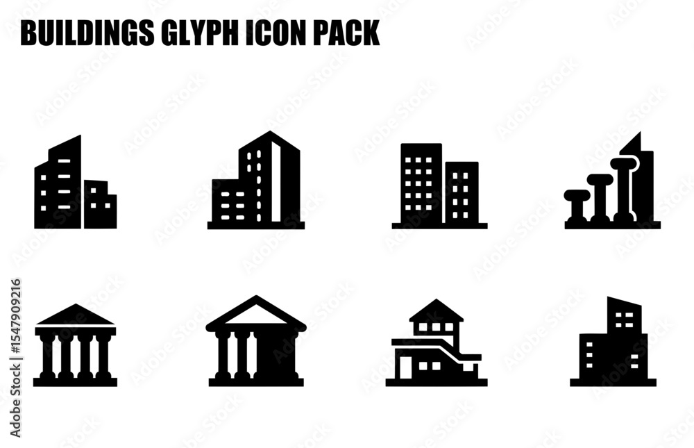 Poster building glyph icons in various styles for architectural illustrations. simplified representations o