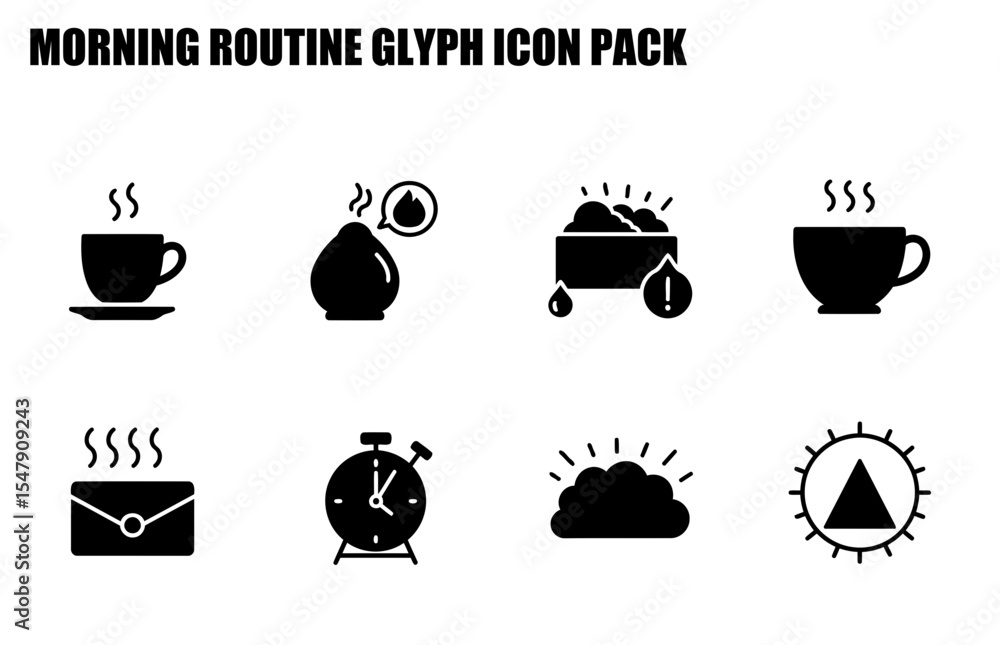Poster morning routine glyph icons depicting various actions and objects. simple black and white icons for 