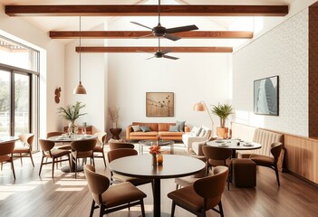 Mid-century dining space with sunken living room and retro decor