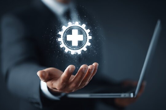 Vibrant photo of businessman holding gears with a medical cross icon and a laptop on a dark background. This is a business technology concept for an online healthcare service.