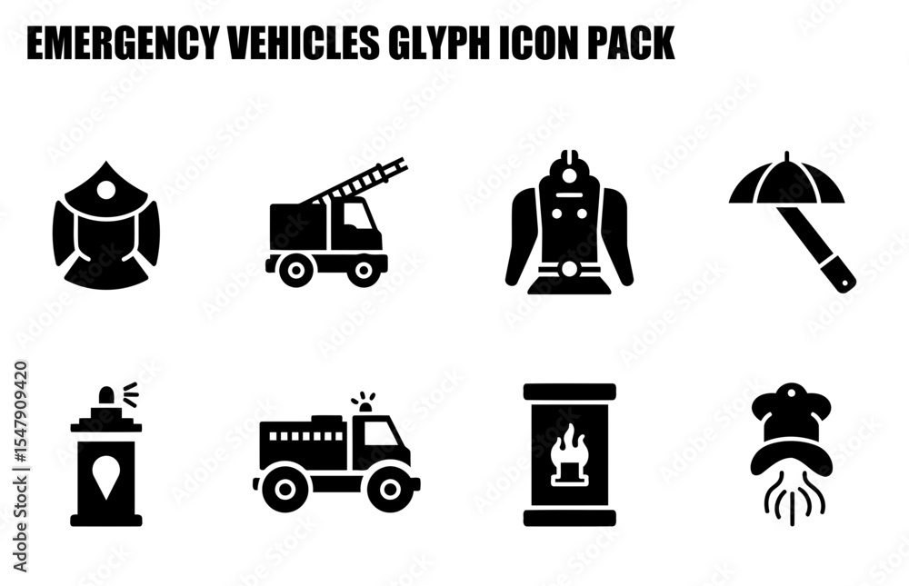 Poster emergency vehicle glyph icons in a set showing various emergency response vehicles and equipment. si