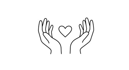 Obraz premium Open hands embracing heart symbol in minimalist black and white line art vector illustration