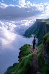 Fototapeta premium Man with backpack crossing narrow trail along cliffside, dramatic clouds, remote mountain region