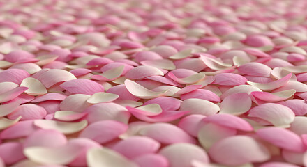 Obraz premium Sea of Rose Petals: Captivating close-up of countless delicate pink and white rose petal scattered across a surface, creating a sea of soft color and texture.