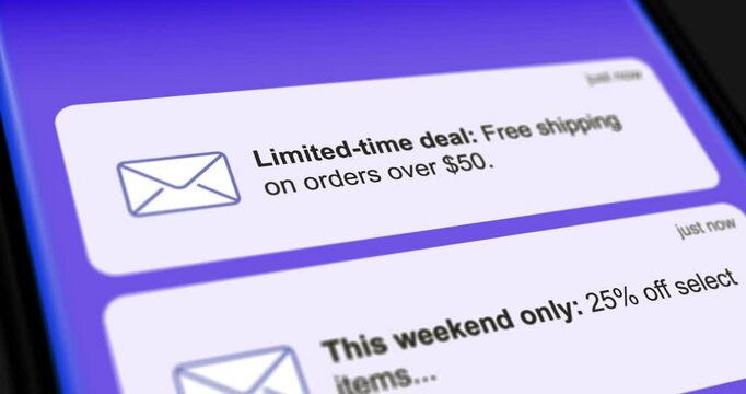 Flash sale, promotion and marketing emails, incoming messages on smartphone screen, advertisement sms, list of scrolling messages, footage