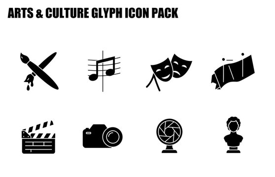 Arts and culture glyph icons in a diverse collection. Various art forms, such as painting, music, theatre, film, photography, and sculpture, are depicted in a simple, clean design.