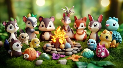 Fototapeta premium Cute animals, Campfire, Forest, Cute Animals Gathering Around a Campfire in a Magical Forest