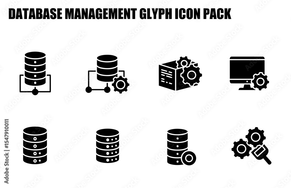Poster database management glyph icons in a simple, clean style. black icons on a white background showing 