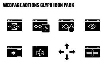 Website actions glyph icons in a set for webpage design. Various actions displayed in distinct webpage interface iconography.