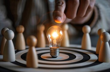 A hand is lighting a light bulb centered on a bullseye, surrounded by multiple small wooden figures, used for corporate culture promotion, team collaboration, and leadership concepts.
