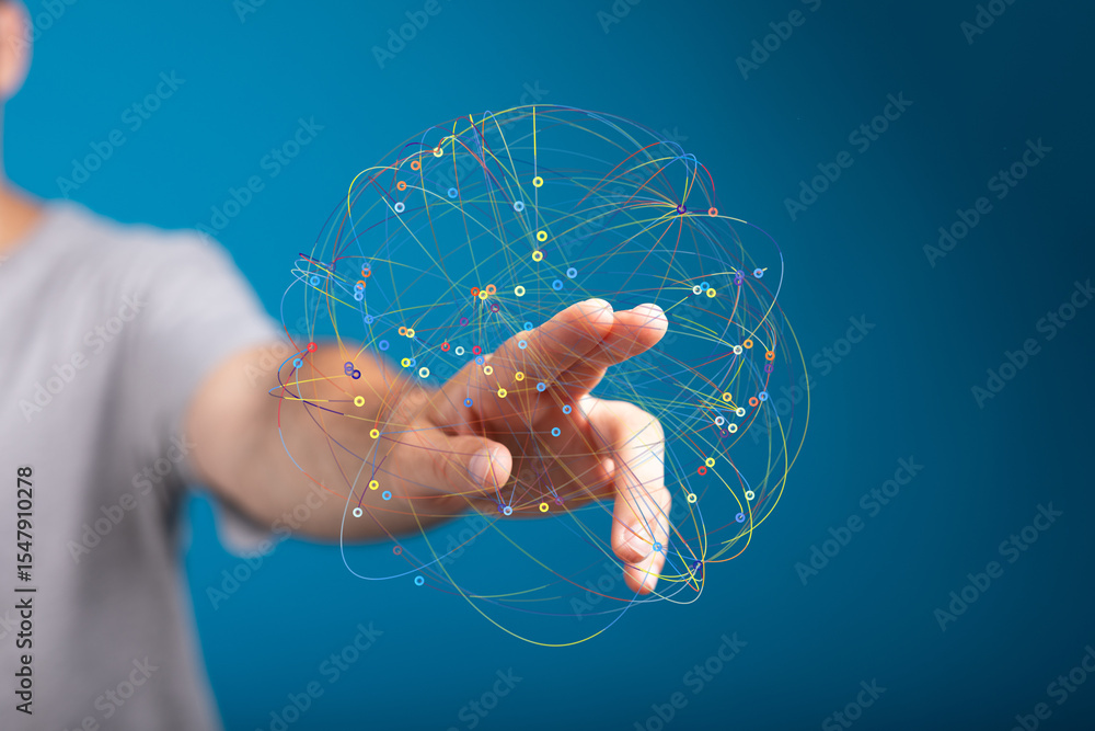 Poster person's hand interacts with a digital sphere, representing global connections and networking.