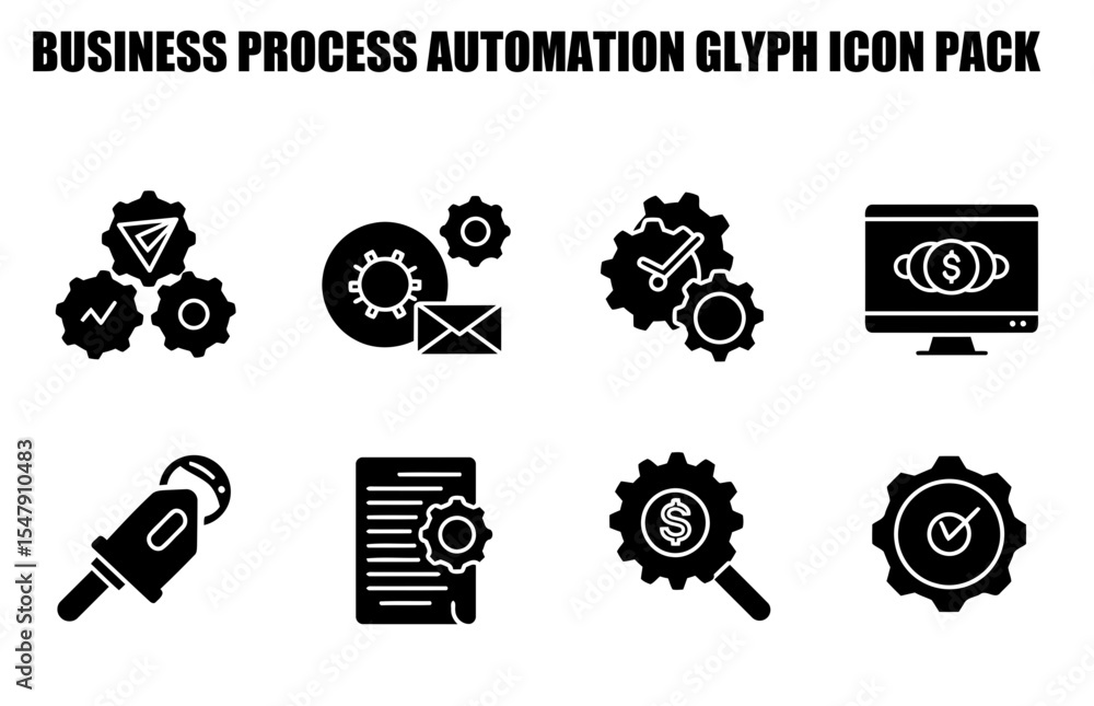 Poster business process automation glyph icons in a modern design. simple, black and white icons displaying