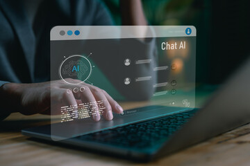 Chat AI interface concept with digital conversation and AI brain icon, ideal for illustrating smart...