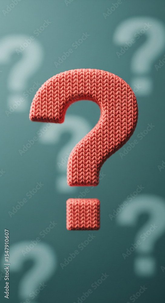 Aufkleber knitted coral question mark against teal background, blurred question marks in the backdrop. represe