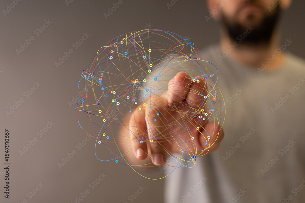 Poster Abstract image of a man interacting with a digital network, representing connection and data flow.