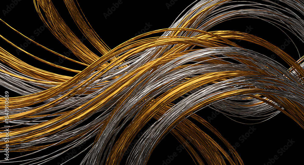 Poster golden and silver strings: intricate golden and silver strings flow and intertwine against a stark b