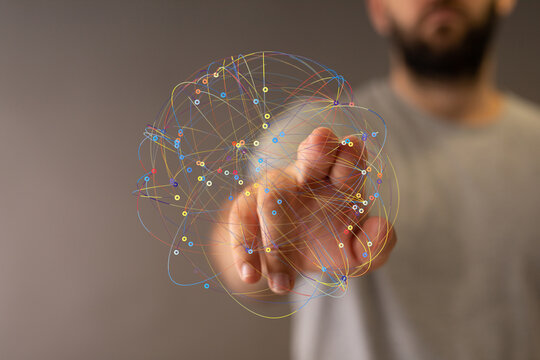 Abstract image of a man interacting with a digital network, representing connection and data flow. - Powered by Adobe