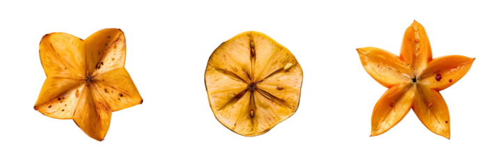 Isolated set of star fruit slices shown in three orientations on white background  