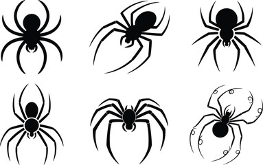Set of spider silhouette vector illustrations featuring various shapes and styles of spider designs