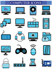 Computer icon set, computer, network, website, server, web design, monitor, tablet and laptop icons vector collection.